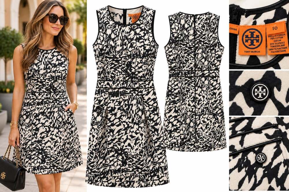 Tory Burch Sleeveless Dress Size 10 Black White Print Faux Leather Trim